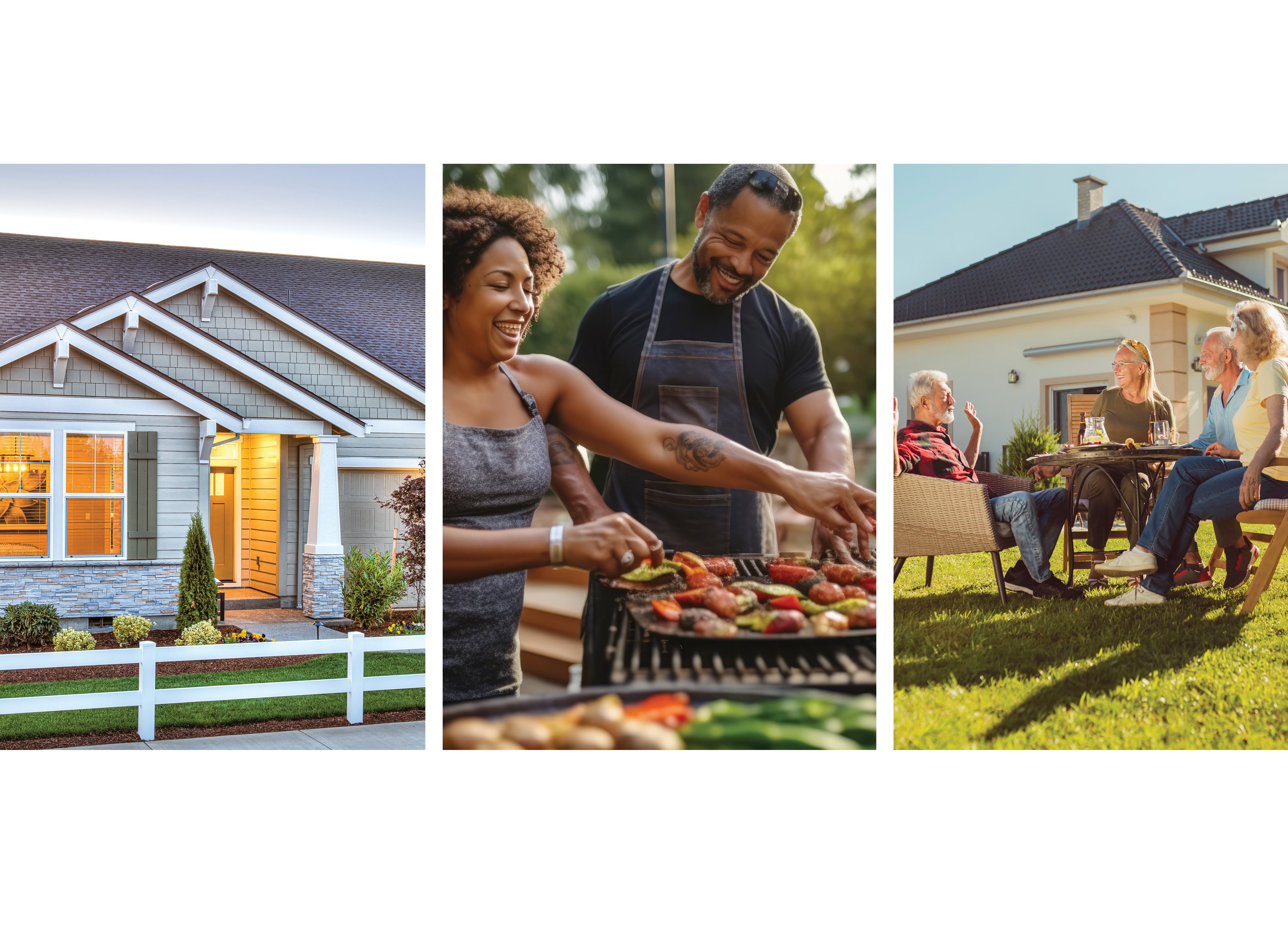 First image is an exterior image of a Lennar home. Second image is a couple bbq outside. Third image is a group of people chatting outside. 
