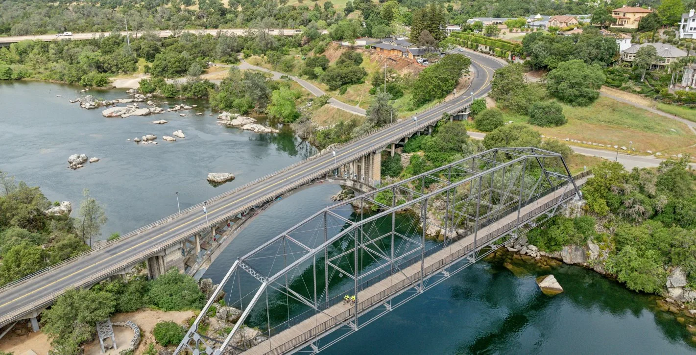 The Folsom Historic Truss Bridge aerial view