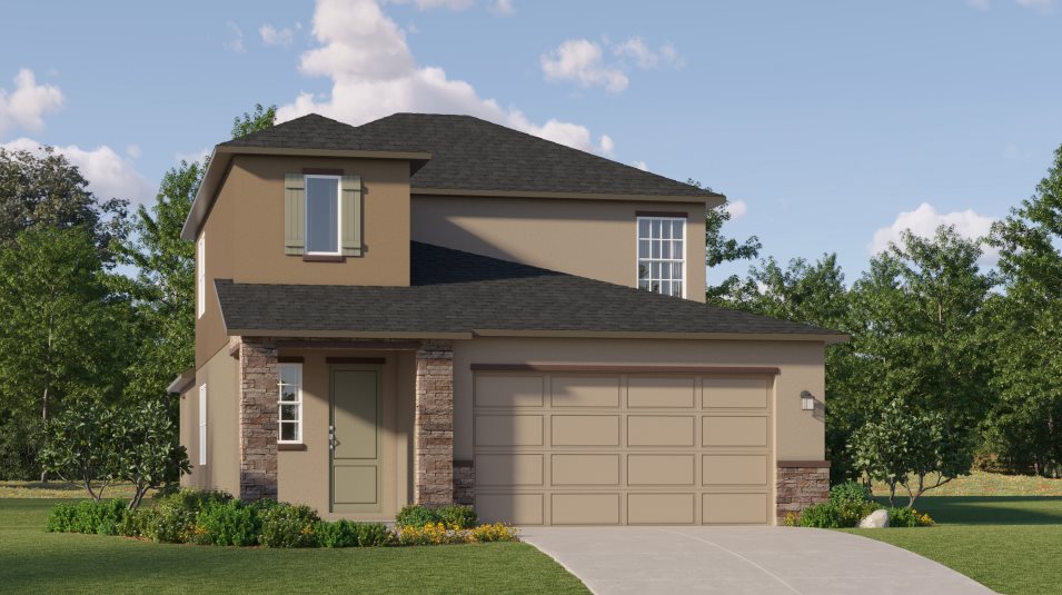 Exterior featuring stucco with stone details