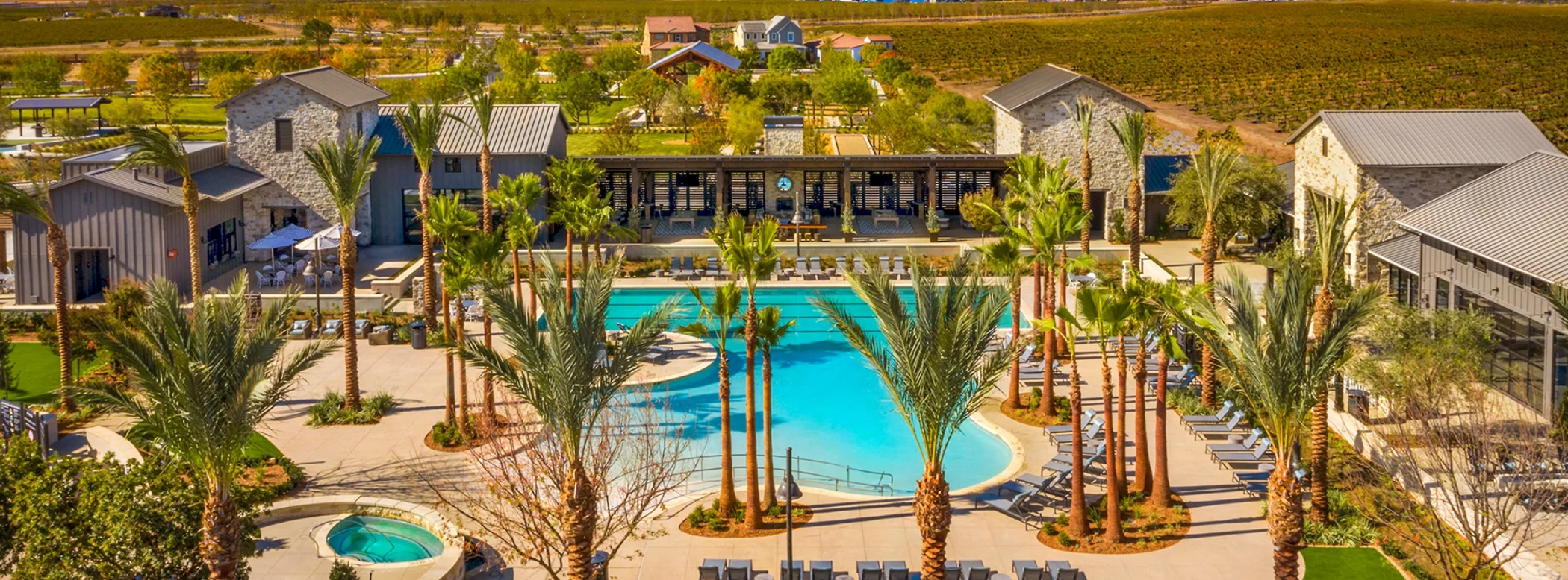 Ranch house swimming pool aerial view