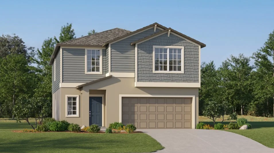A covered entryway and horizontal lap siding define this inviting exterior