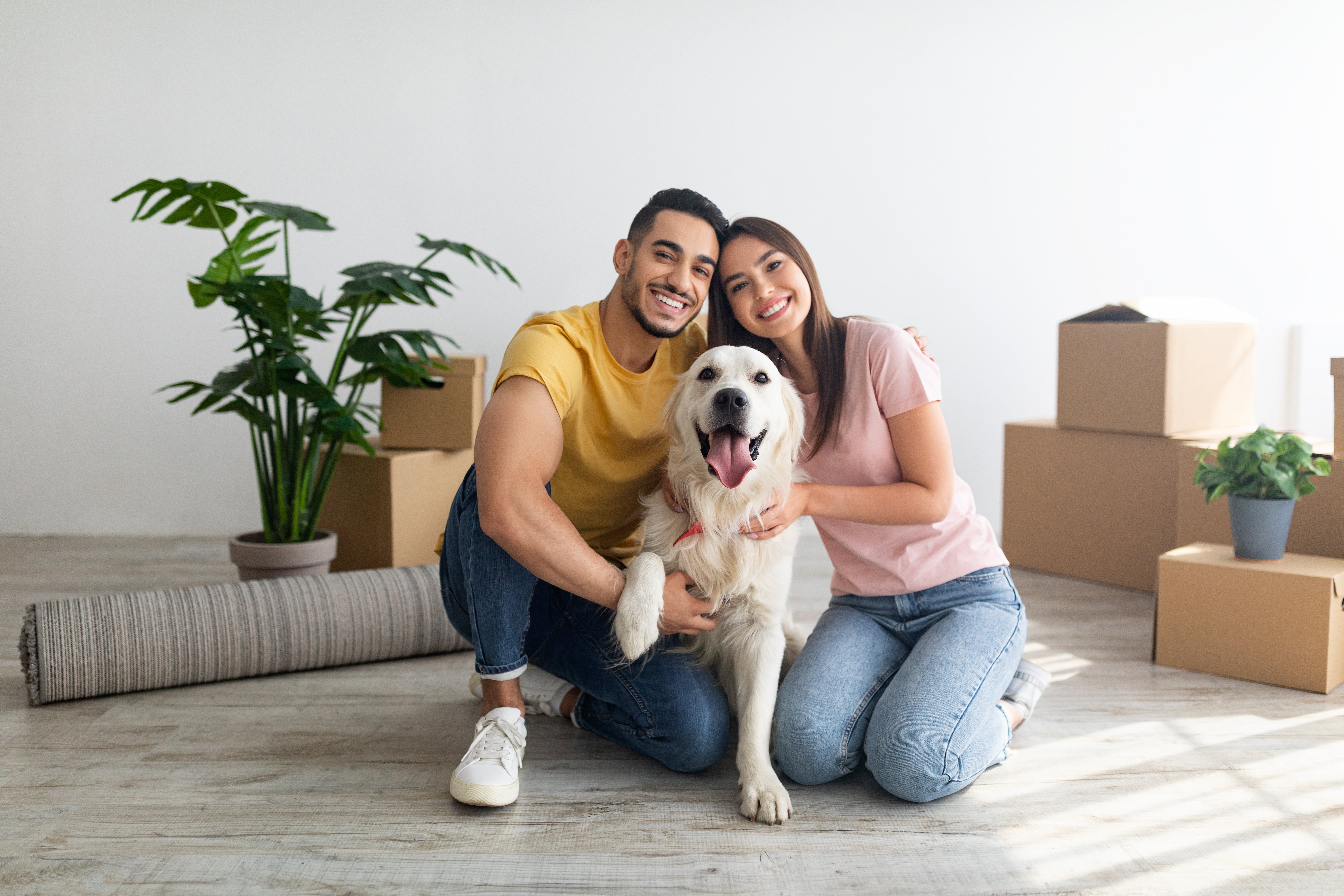 Image: Couple sitting on floor in front of moving boxes with their dog