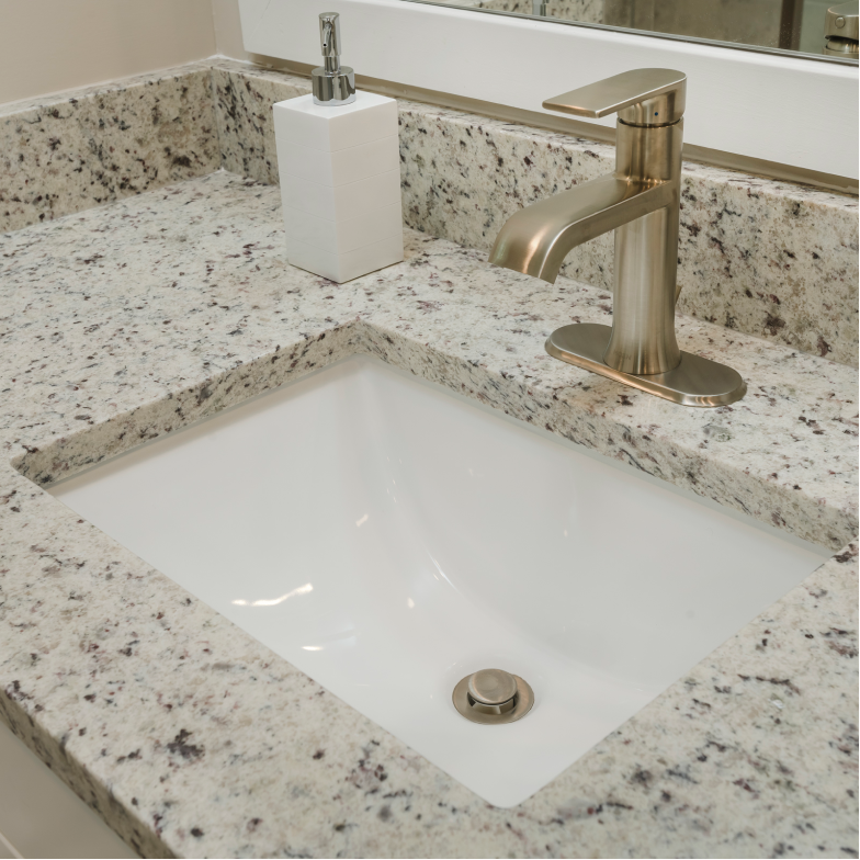Easton owners suite bathroom vanity, countertop and faucet closeup