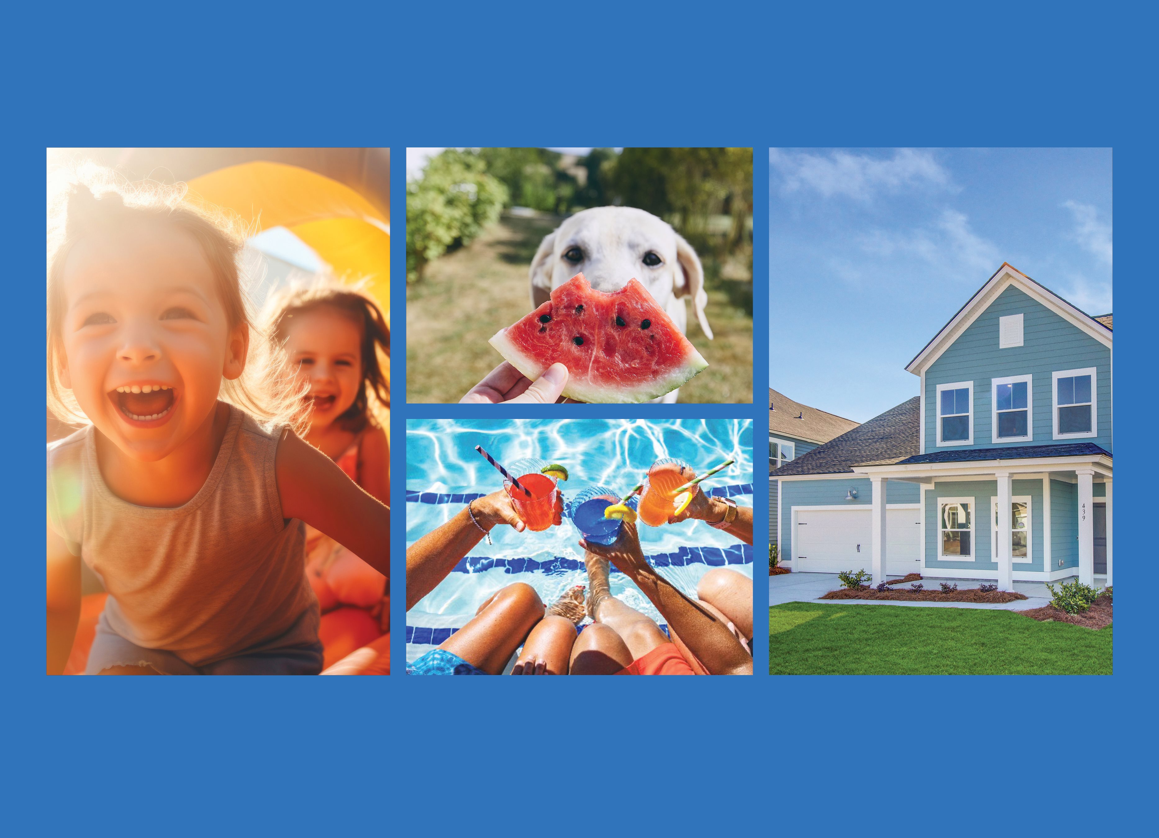 First Image: Two children going down a slide Second Image: Dog with a slice of watermelon in front of face Third Image: People sitting poolside with drinks in hand Fourth Image: Exterior of Lennar Home 