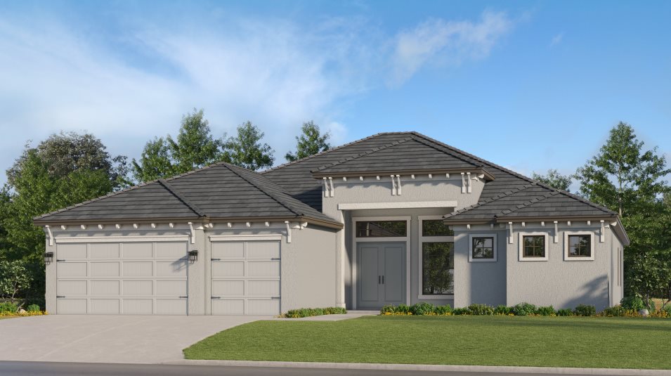 Exterior with a hipped roof, exposed brackets and a spacious covered porch 