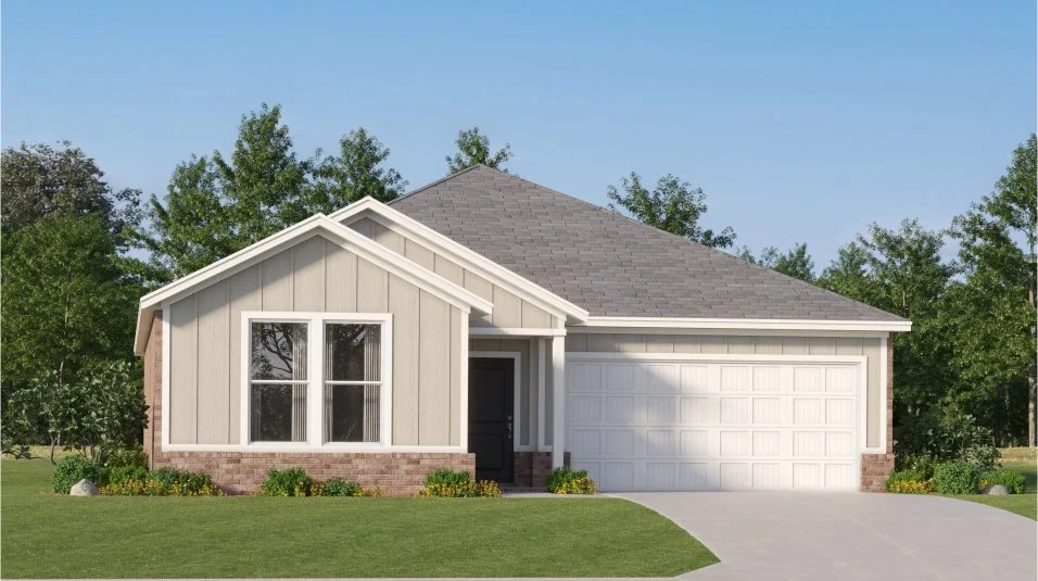Exterior with batten siding, an open gable roofline and brick watertable
