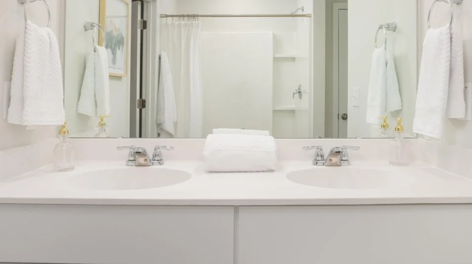 stylish vanity with dual sinks and a fiberglass shower with built-in shelves