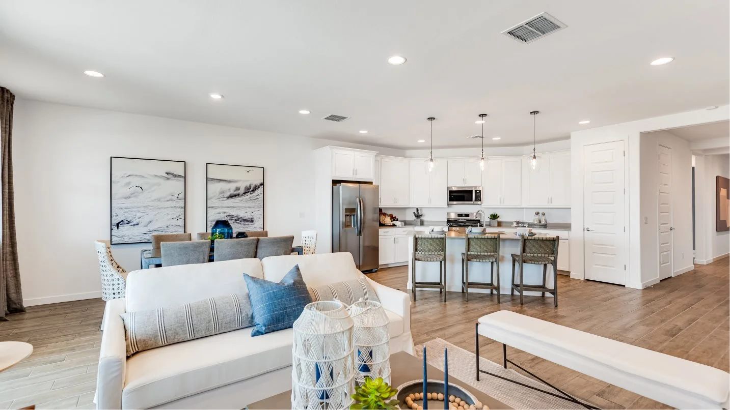 Great room with kitchen visible