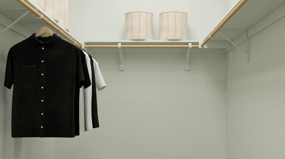 Walk-in closet with wood shelving and railing