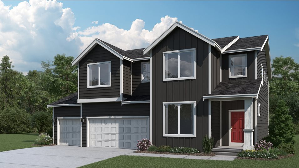 This modern farmhouse-inspired exterior is complete with a gable roofline and vertical siding