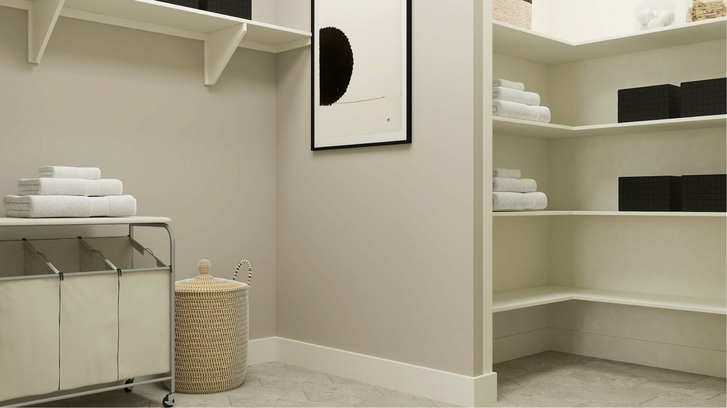 Laundry room with lots of shelving