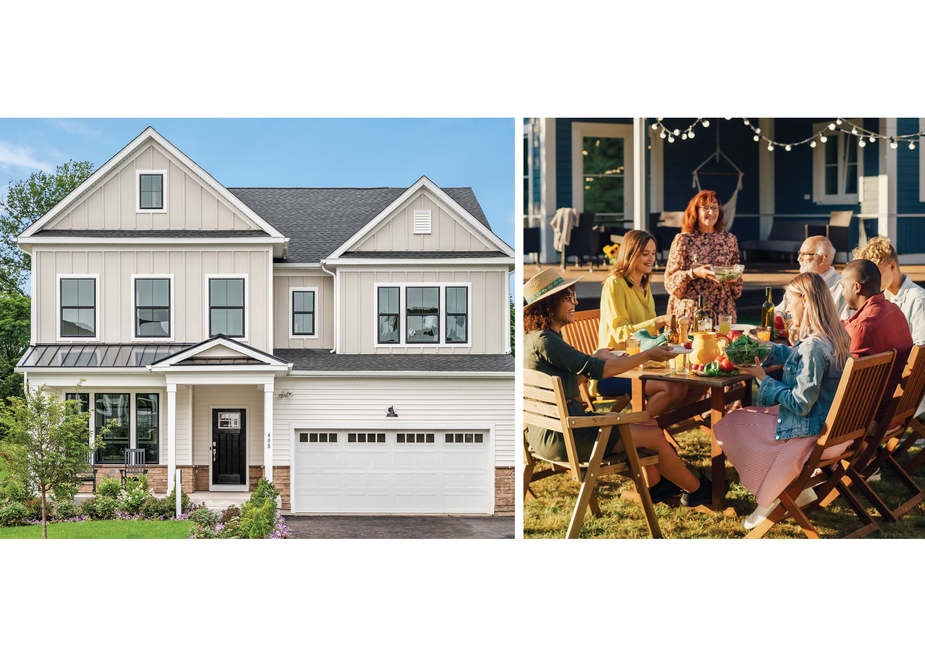 Image 1: A phot of a Lennar Home Exterior Image 2: A group of people sitting outside at a party