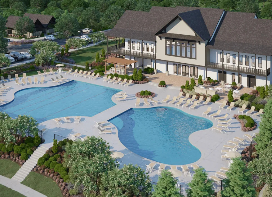 Image: Rendering of the pool and clubhouse amenities at The Court at Gainesville Township