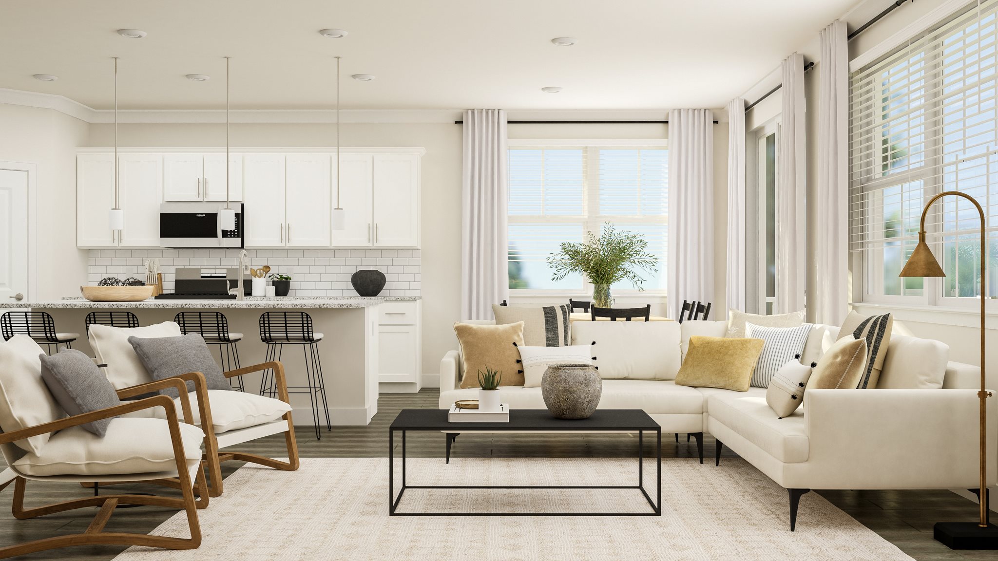 IMAGE: Family room and Kitchen rendering of the Clearwater plan