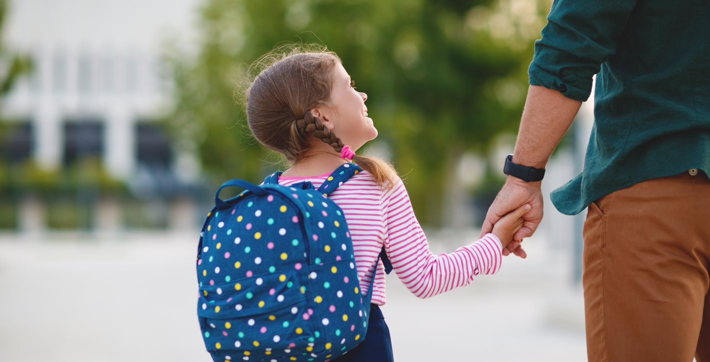 Pic Father Daughter Walk To School Backpack