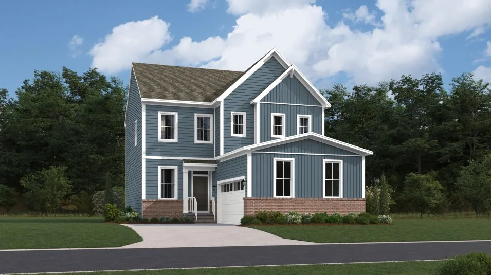 Trestle Exterior Rendering Farmhouse with Brick Watertable
