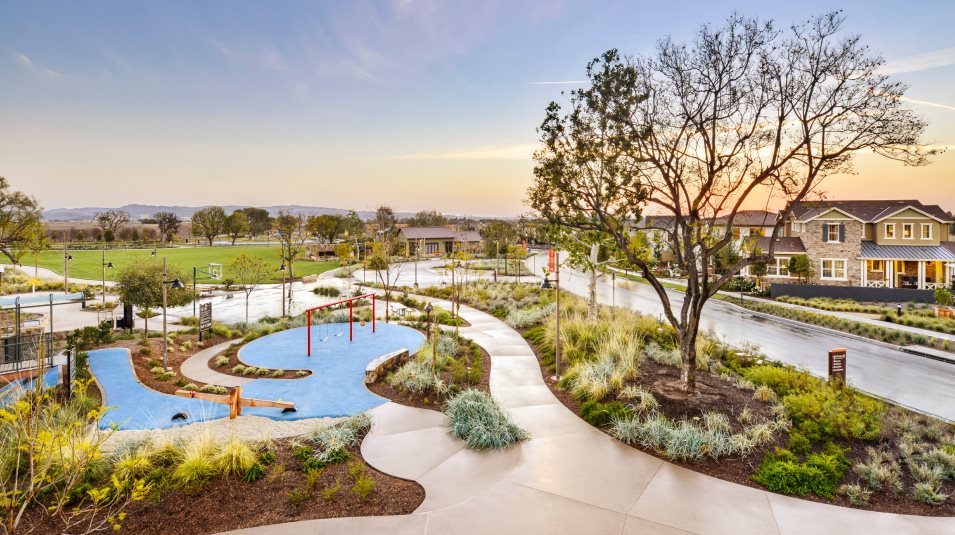 Aerial view of Pavilion Park with walkways, green space and trees
