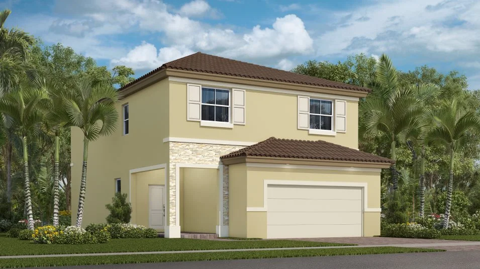 Exterior with stone accents and a low hipped roofline