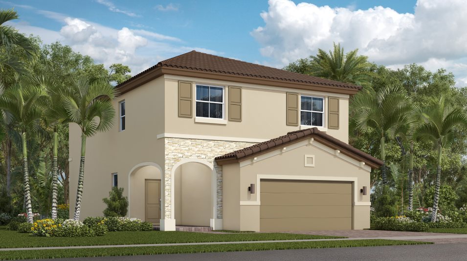 Exterior with an arched entryway and hipped roofline