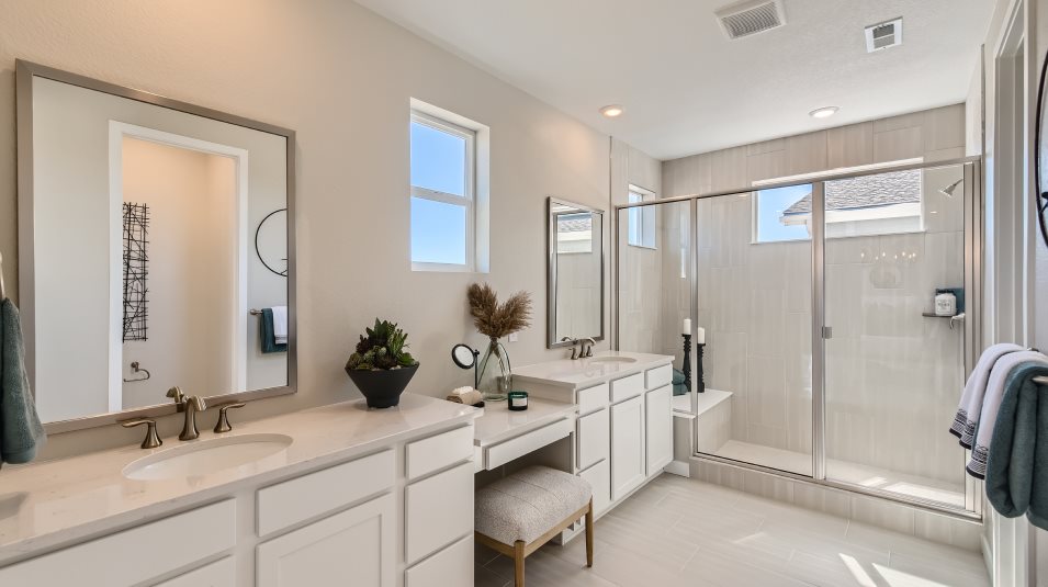 Dual sinks and quartz countertops in the owner's bathroom suite