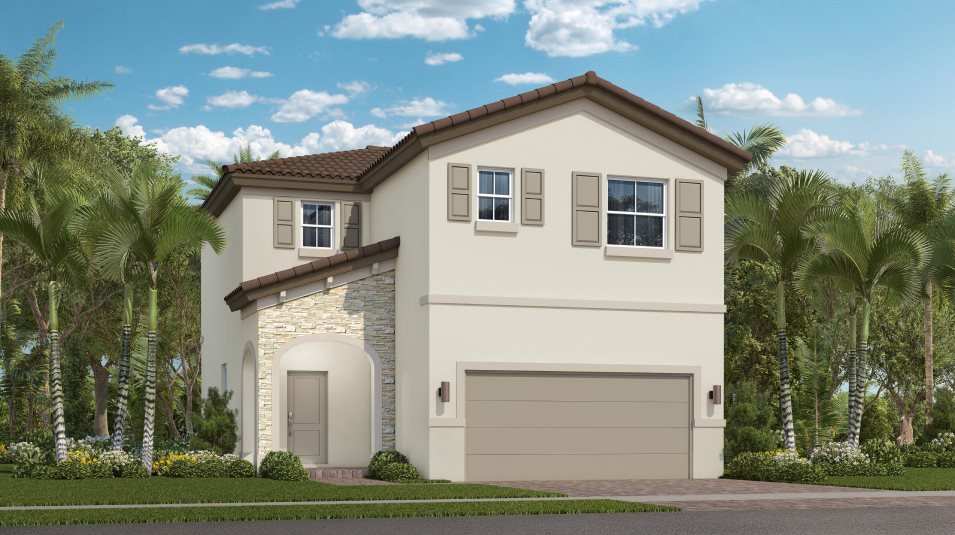 Exterior with an arched entryway, stone accents and window shutters