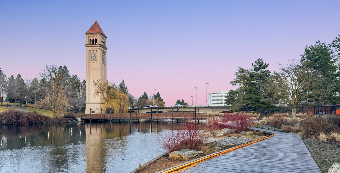 Riverfront walkway at dusk