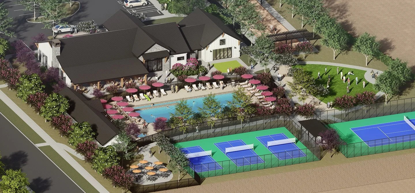 Heritage Carson Creek clubhouse and sport court aerial view amenities