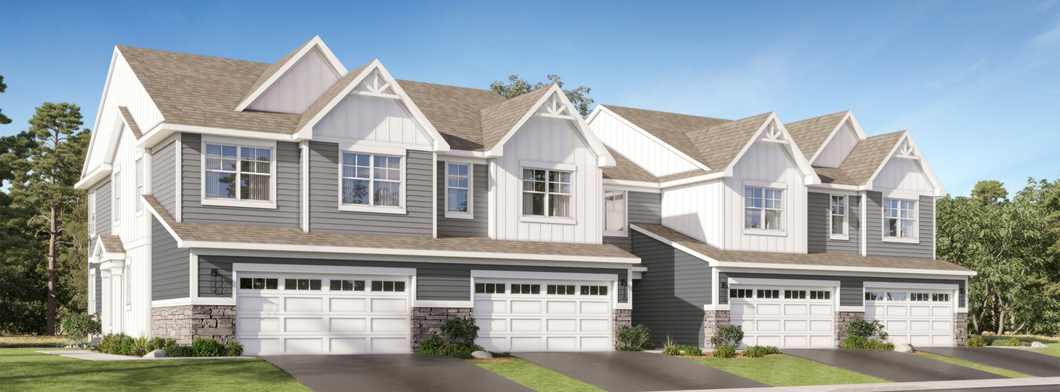 The streetscape of the townhomes at Oak Valley