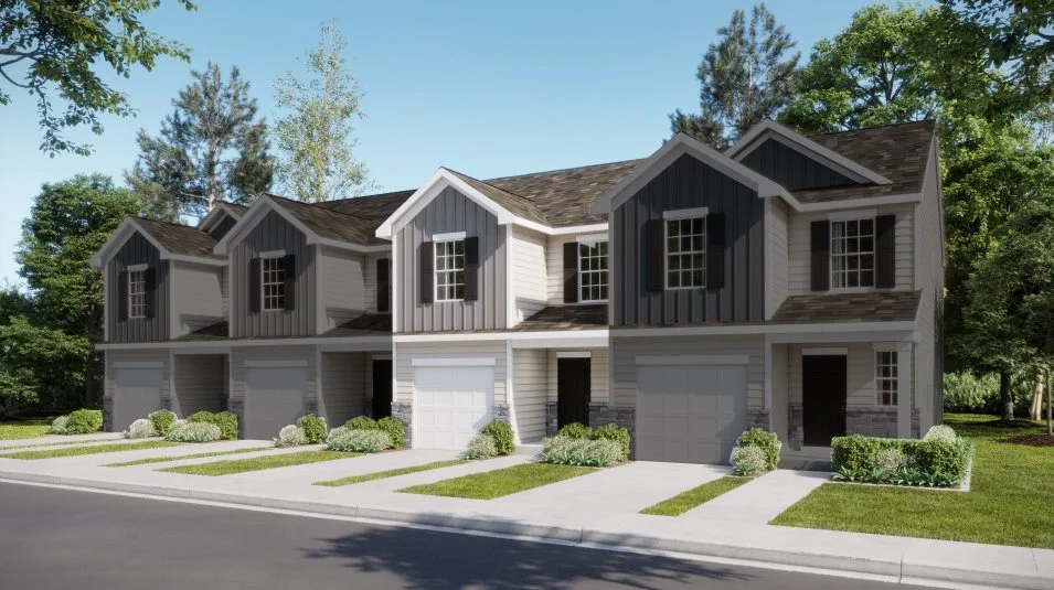 Exterior with horizontal and vertical siding with decorative shutters under a gable roofline