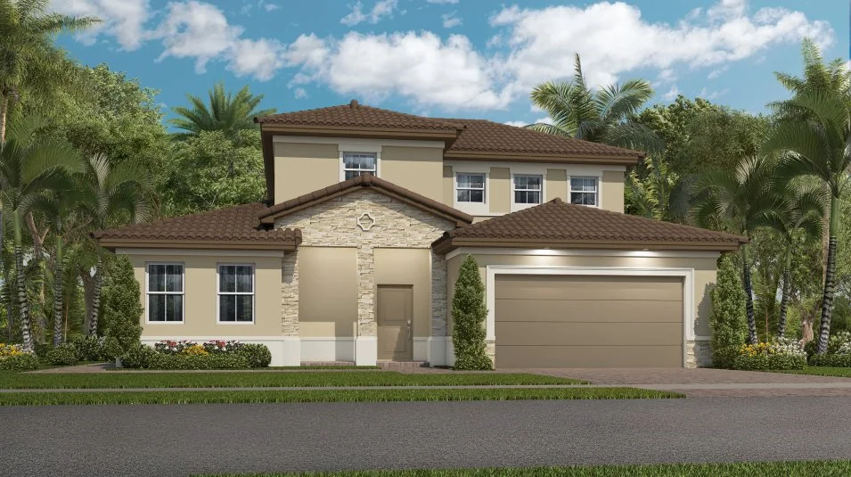 Exterior featuring stone accents, a stucco finish and a hipped-roofline 