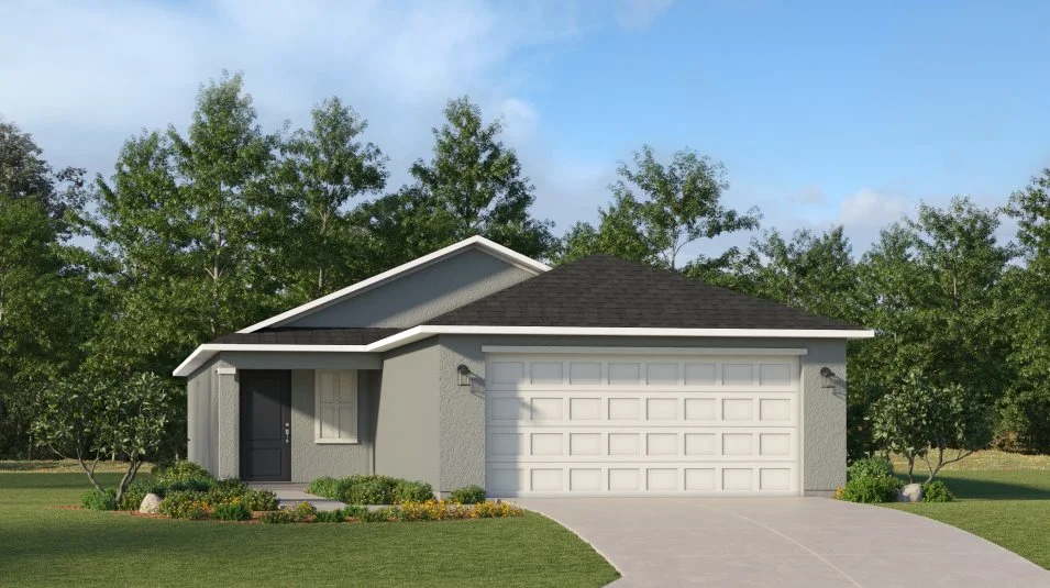 Exterior with a Dutch-gable roof design, clean stucco and a covered entryway