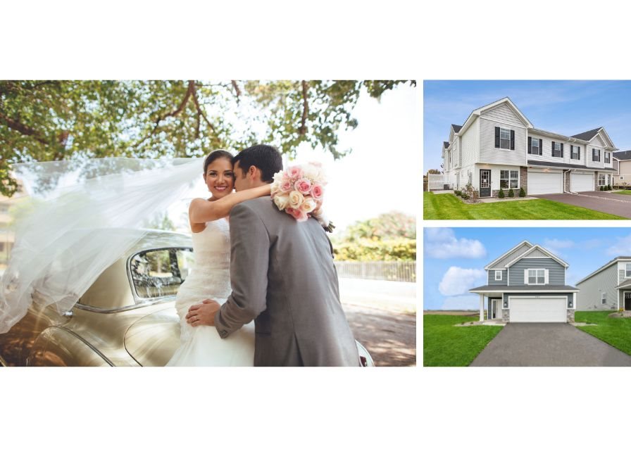 Groom and bride sitting on a car and a 2-story home exterior and townhome exterior