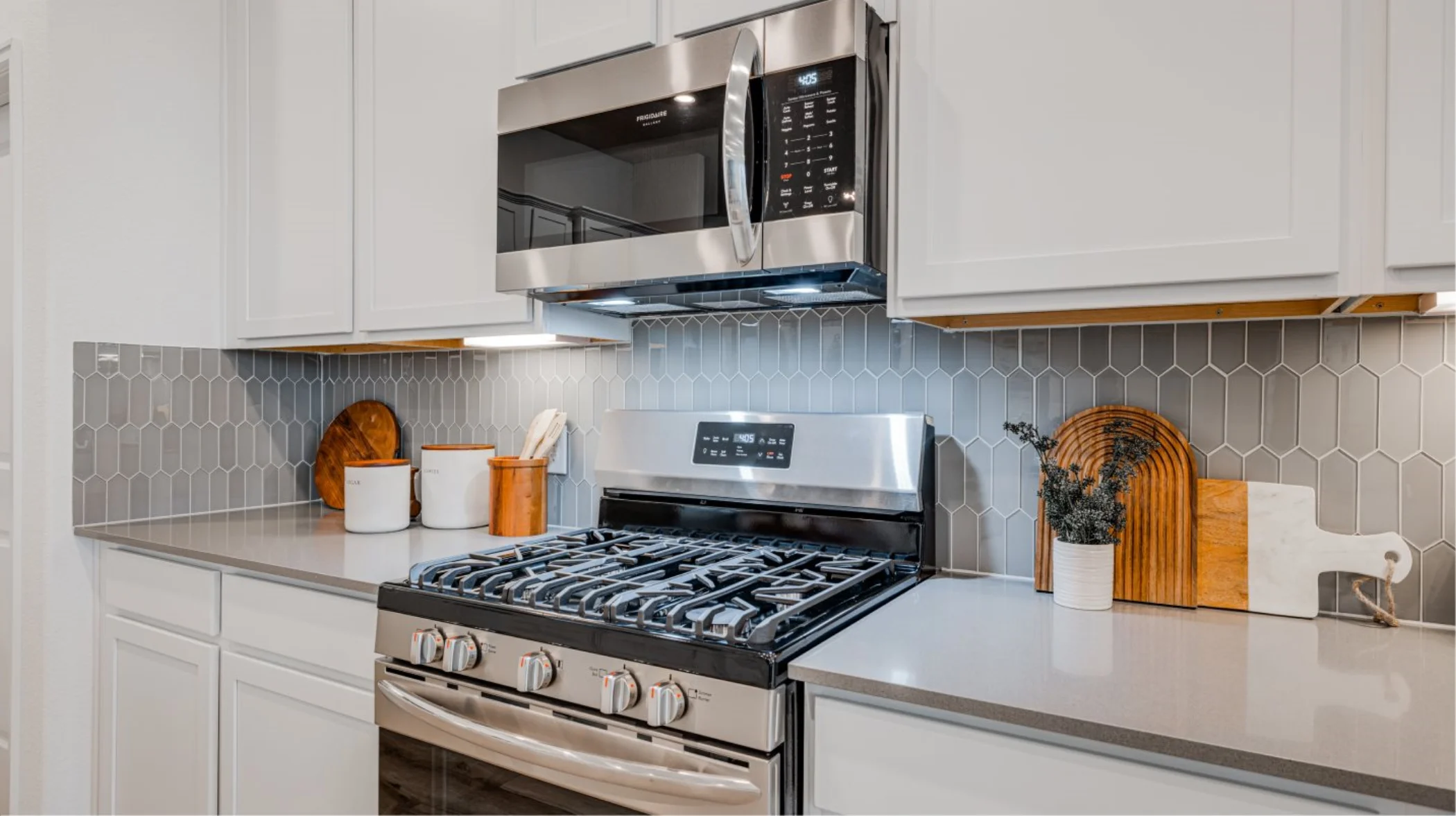 Stainless steel gas range, oven and built-in microwave