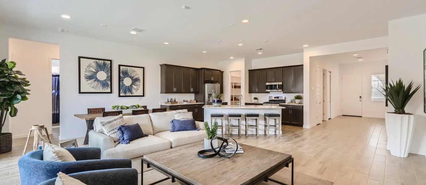 Shared open space among the great room and kitchen areas