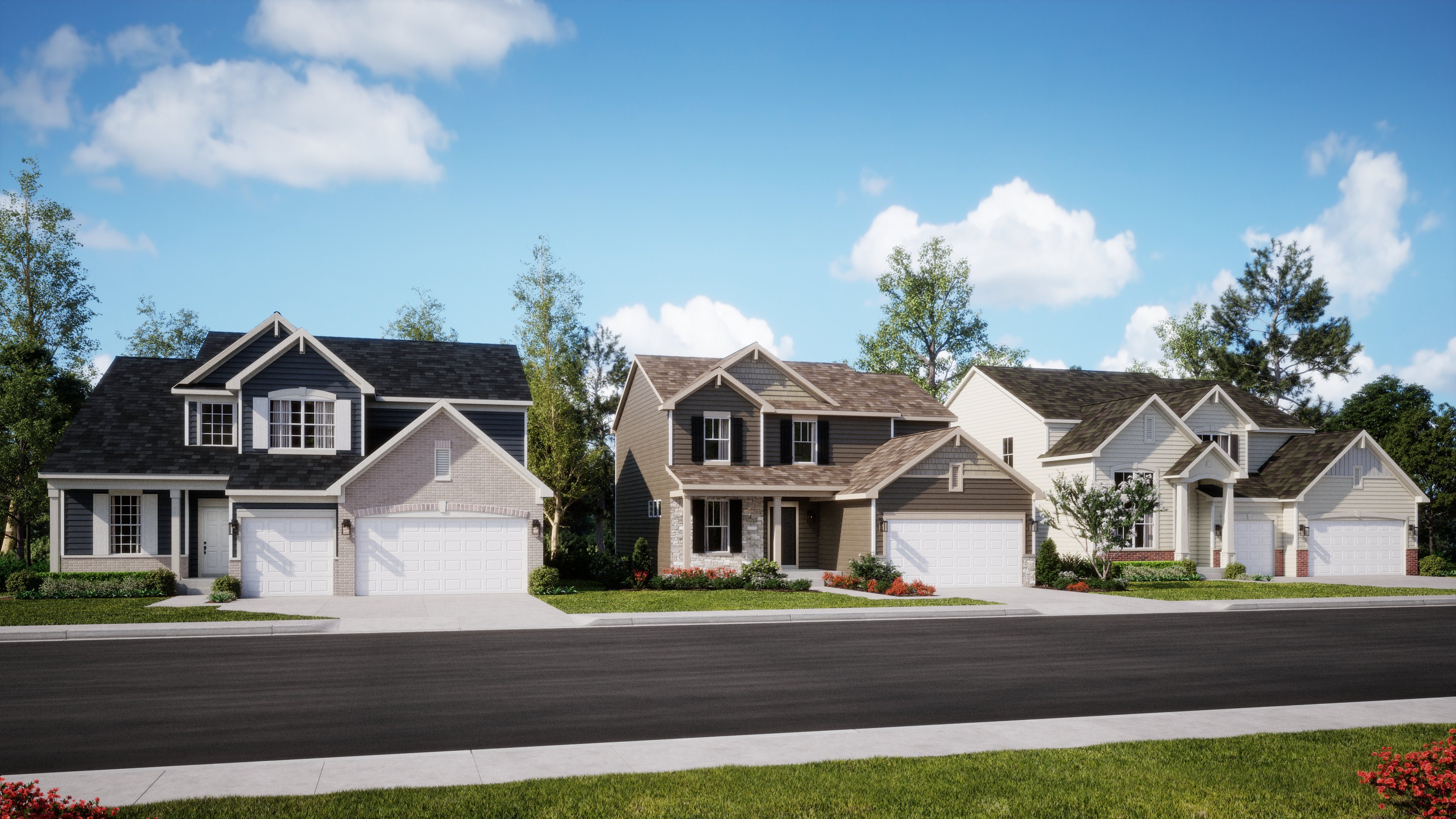 A streetscape of exterior renderings