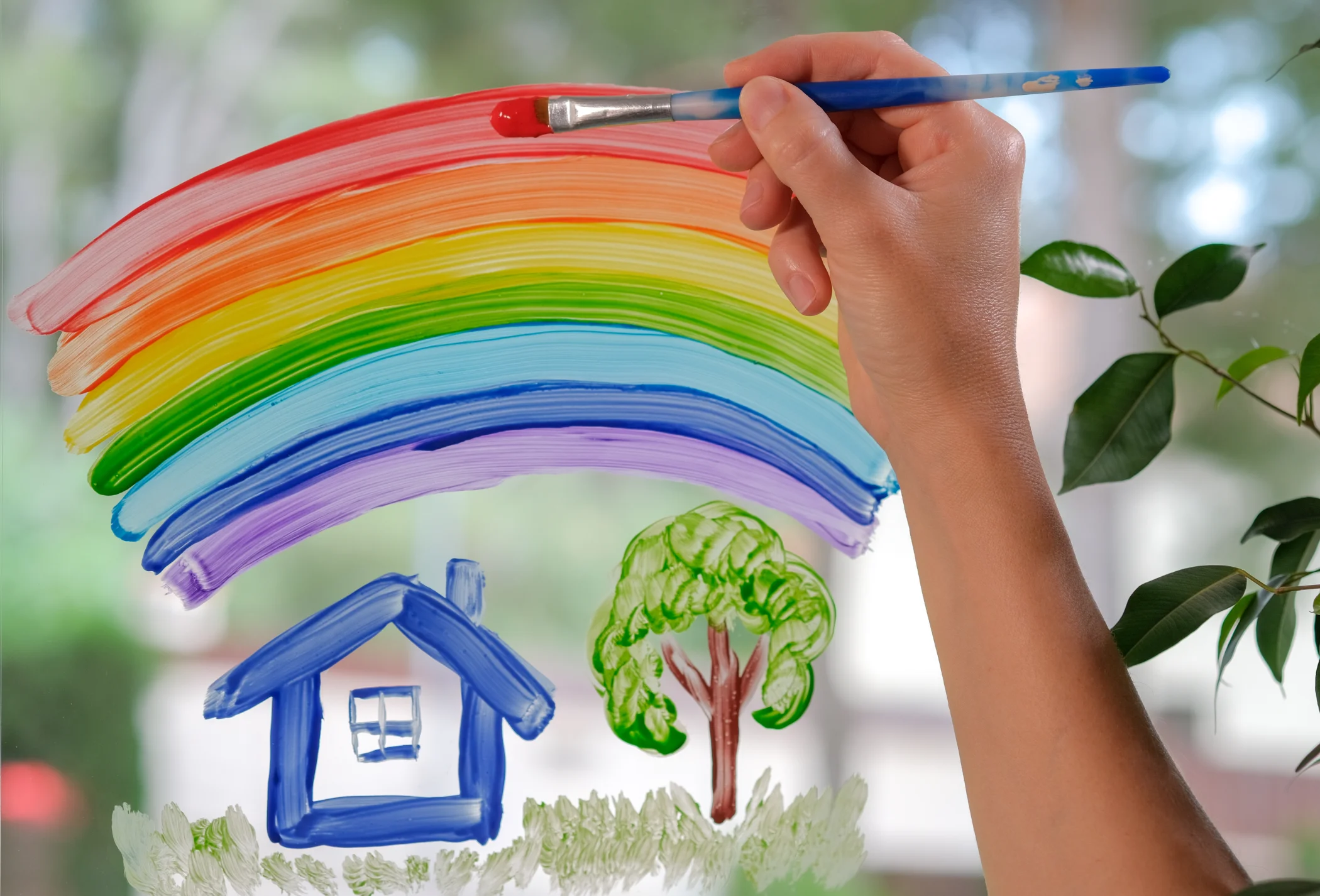N Pic Hand Painting Window Rainbow Over House Tree