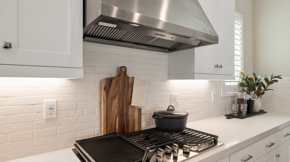 Close up of the cooktop with an overhead hood