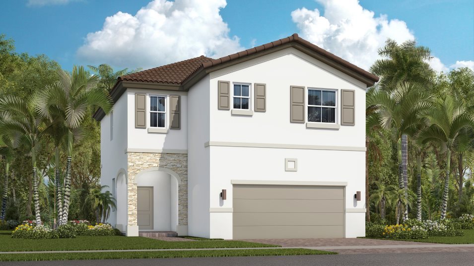 Exterior with an arched entryway and gable rooflin