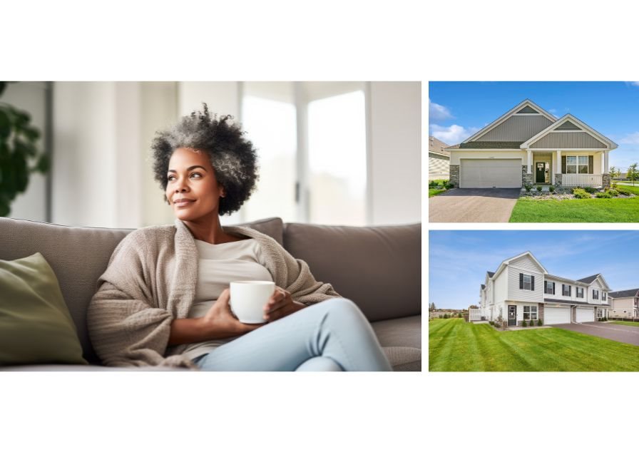 Woman sitting on couch with coffee and a villa home exterior and townhome