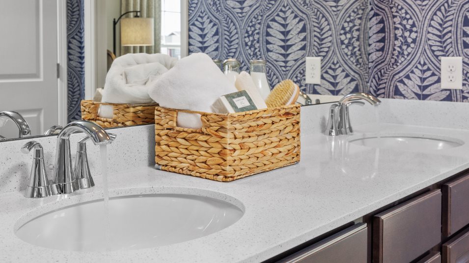 Dual undermount sinks atop a vanity with quartz countertops and Moen® double lever faucets in the owners suite bathroom
