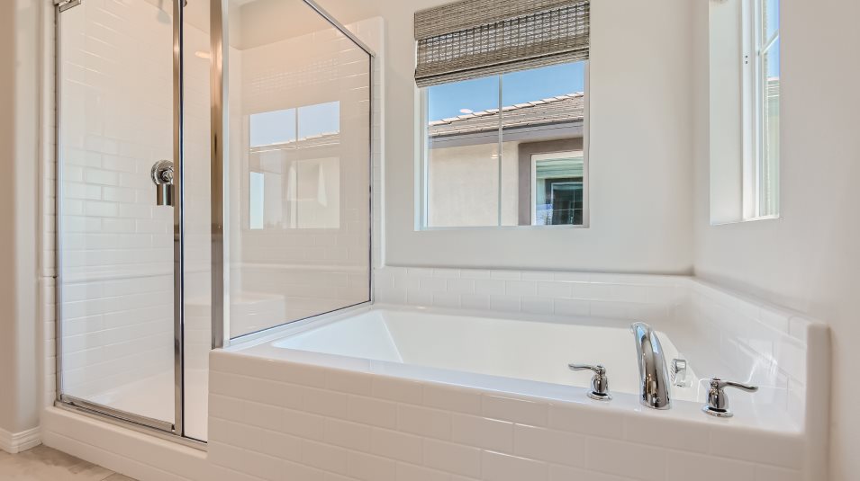 Close up of bath and shower in the owner's suite bathroom