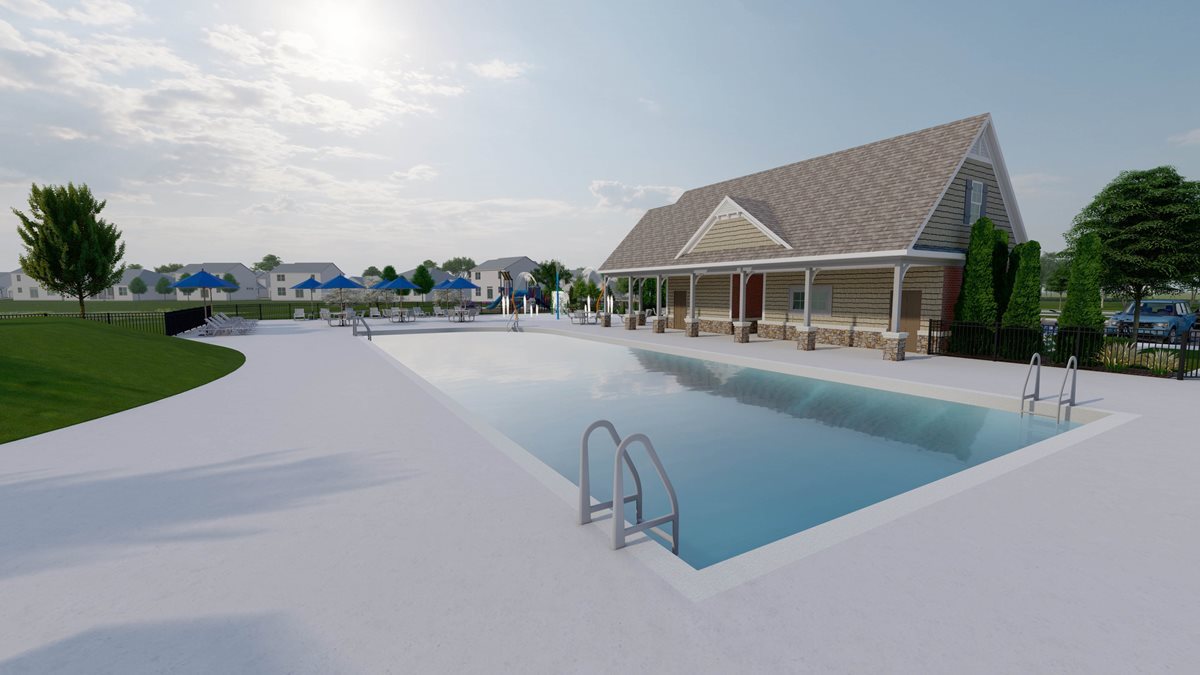 A rendering of the future poolhouse and pool at Kingston Ridge in Lowell