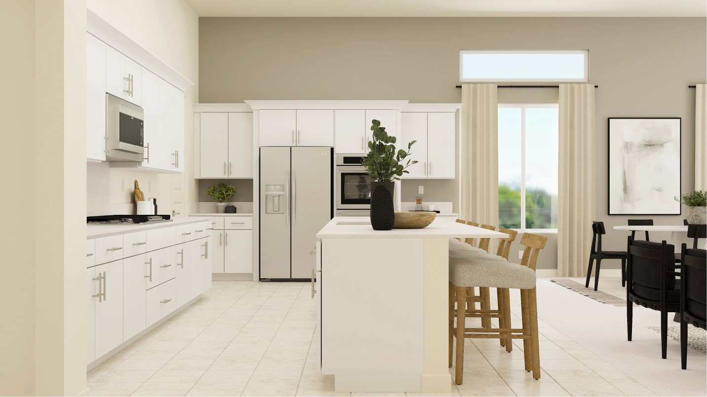 Kitchen with center island seating and appliances