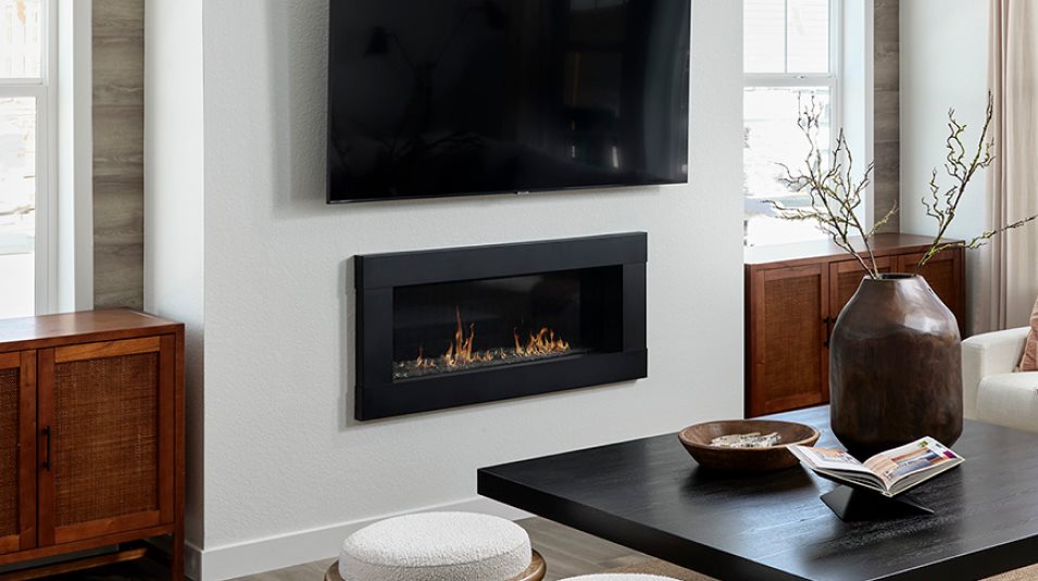 Stylish elongated gas fireplace with crystal glass rocks