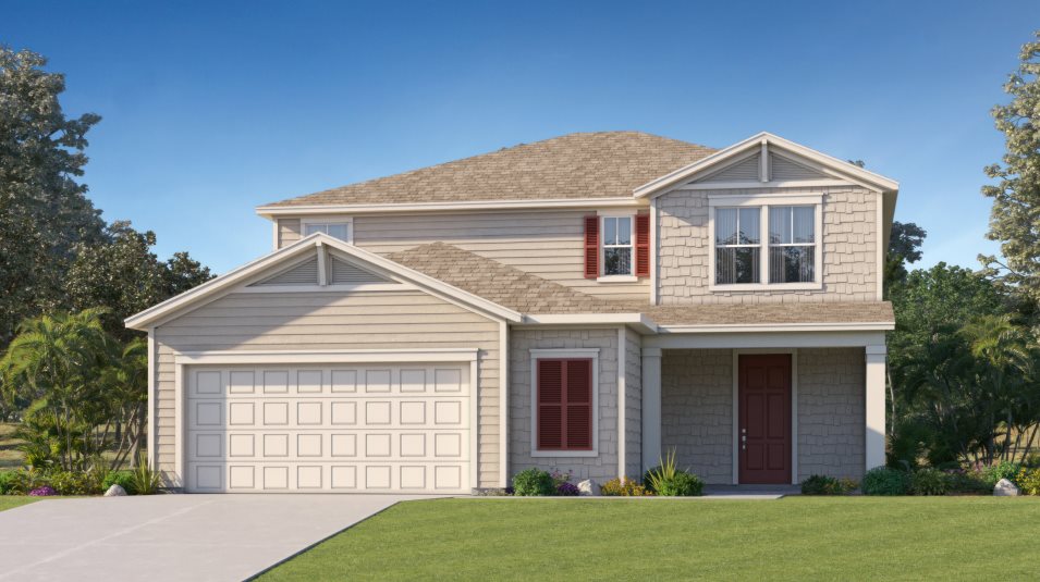 Exterior with horizontal lap siding, shake-shingle elements, decorative shutters and exposed rafters