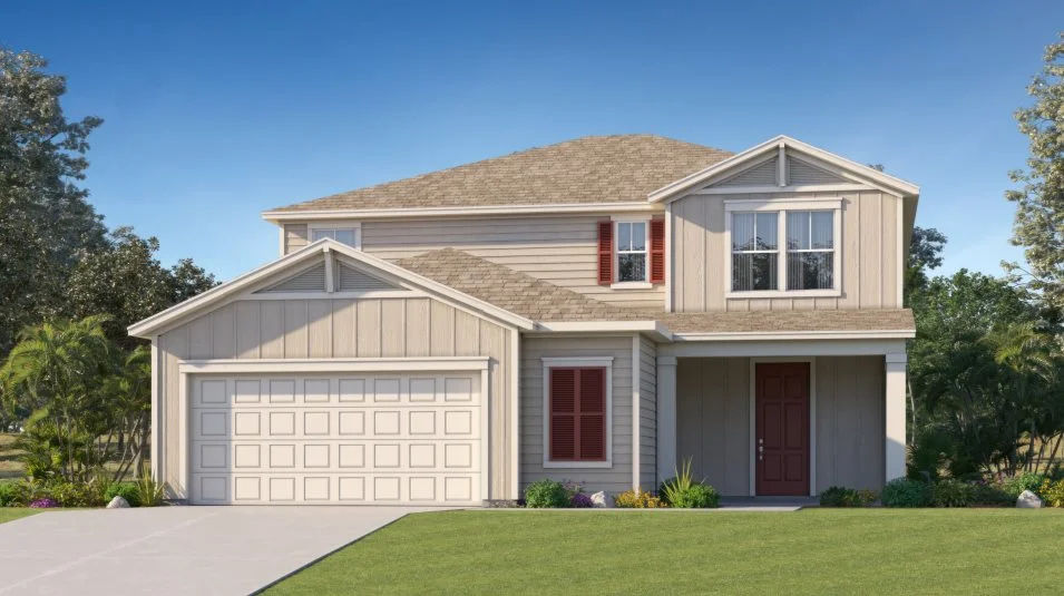 Exterior with horizontal lap siding, batten elements and an open gable roofline