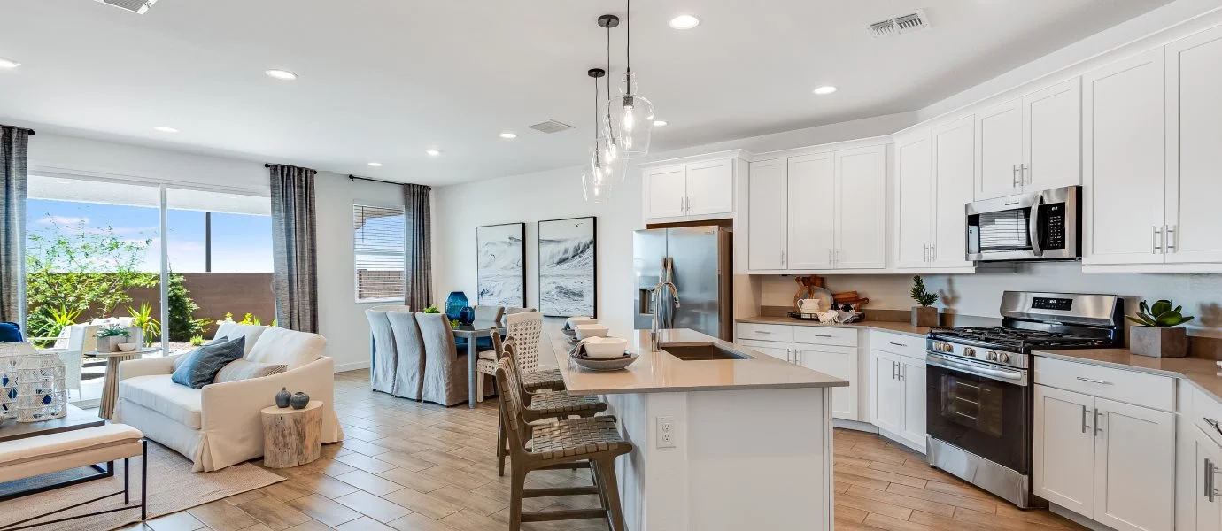 Open space with the kitchen, great room, and dining room