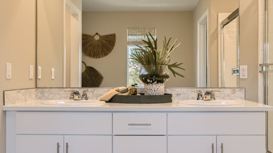 Close up of the vanity and faucets